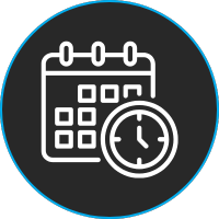 Icon of a calendar with a clock representing on-demand scheduling.