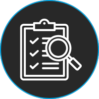 Icon of a checklist with a magnifying glass representing accurate parts verification.